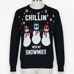 Black Chillin With My Snowmies Crewneck Pullover Knitted Winter Sweater Size XS